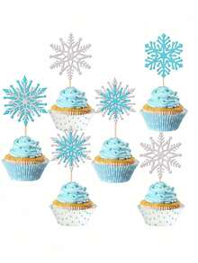 1-12pcs Shiny Snowflake Shaped Cupcake Toppers, Icy Winter Theme Cupcake Decorations, Snowy Wonderland Birthday Cake Decor, Christmas Party Supplies, Blue & Silver - Multicolor - View 7