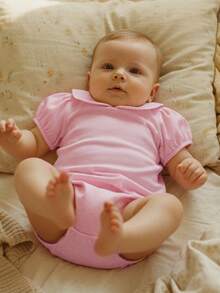 Newborn Baby Girl Summer Clothes Doll Collar Short Sleeve Romper Basic Plain Smocked Bodysuit Shirts 0-18M - Hồng - Xem 5