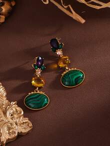 1 Pair Vintage Metal Stone Oval Floral Fashion Earrings, Versatile For Daily Wear - Gold - View 11