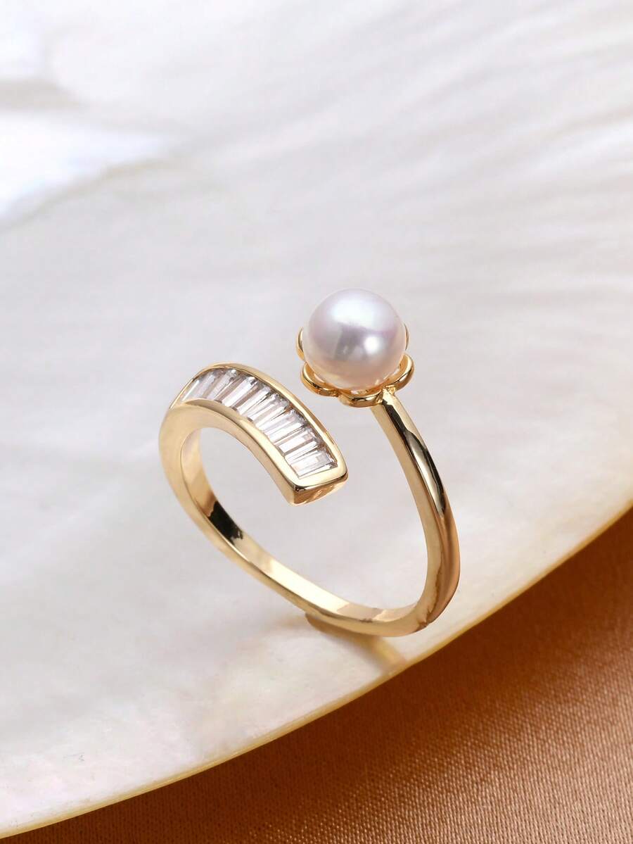 1pc 18K Gold Plated Natural Pearl & Cubic Zirconia Open Ring For Women - Arc 1 - View 1