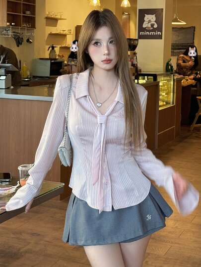 Satin Collar Striped Waist Fitted Long Sleeve Blouse For Women, Sweet & Spicy Vibe