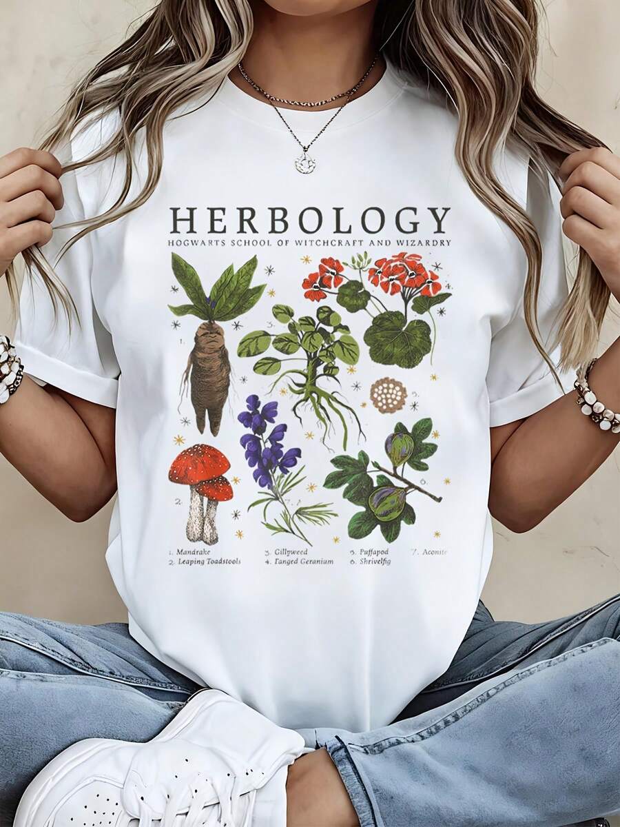 Warner Bros Herbology Hogwarts School Of Witchcraft And Wizardry Magic Plants T Shirt Women Harry Potter Inspired Magical Botany Graphic Tee White - trắng - Xem 1