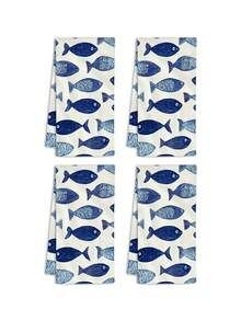 1/2/4条装厨房毛巾，高吸水性，涤纶材质，蓝白鱼图案，是假日农舍厨房和浴室装饰、秋季装饰、房间装饰的理想之选。 - 藍色 - 查看 10