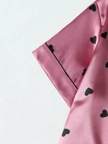 Heart Print Women's Poplin Short Sleeve Shorts Pajama Set - Coral Pink - View 3