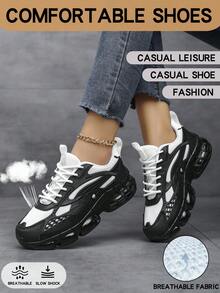 2026新款女式休闲运动鞋，加厚鞋底，增高耐磨，低帮圆头系带针织网面透气排汗防臭，男女通用，黑白拼接，户外运动舒适情侣款，加厚鞋底减震软底，简约舒适男女通用运动鞋 - 黑與白 - 查看 1