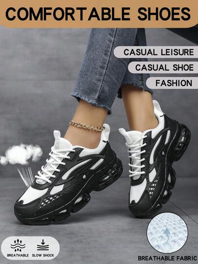 2026新款女式休闲运动鞋，加厚鞋底，增高耐磨，低帮圆头系带针织网面透气排汗防臭，男女通用，黑白拼接，户外运动舒适情侣款，加厚鞋底减震软底，简约舒适男女通用运动鞋