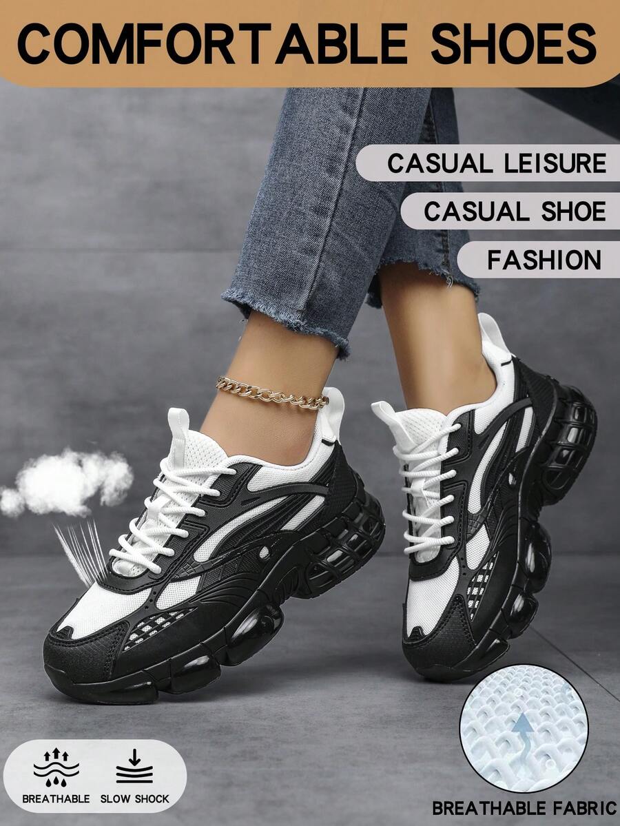 2026新款女式休闲运动鞋，加厚鞋底，增高耐磨，低帮圆头系带针织网面透气排汗防臭，男女通用，黑白拼接，户外运动舒适情侣款，加厚鞋底减震软底，简约舒适男女通用运动鞋 - 黑與白 - 查看 1