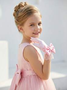 1 Pair 3-10Y Kids Satin Smooth Elastic Velvet Bow Gloves, Soft Satin Flower Girl Gloves For Girls Pageant, Ballet Recital, Princess Birthday & Wedding - 1Pair - View 5