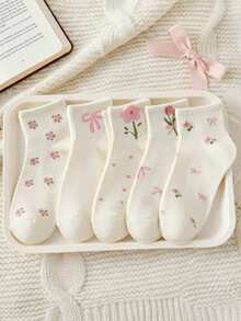 5 Pairs Kids Spring/Summer Bow, Polka Dot, 3D Flower White Lolita Frilly Elastic Mid-Calf Socks, Suitable For Back To School And Outdoor Wear