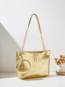 Women's Minimalist Casual Faux Leather Diamond Plaid Tassel Two Pieces Large Capacity Shoulder Tote Bag, Versatile For Shopping, Business, School, Personalized Gift, Makeup, Coin Purse, Lightweight - Gold - View 2