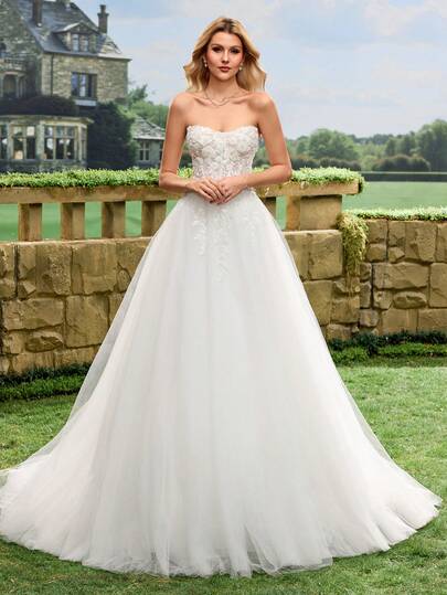 A-Line Strapless Lace Flowing Elegant Romantic Luxury Trailing Wedding Dress, White Bridal Gown For Outdoor Wedding, Church Wedding, Hotel Wedding, Garden Wedding, Beach Wedding