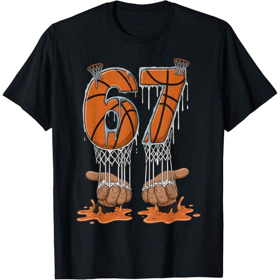 Basketball 67 Six Seven Funny Gen Alpha Meme Drip T-Shirt - Black - View 1