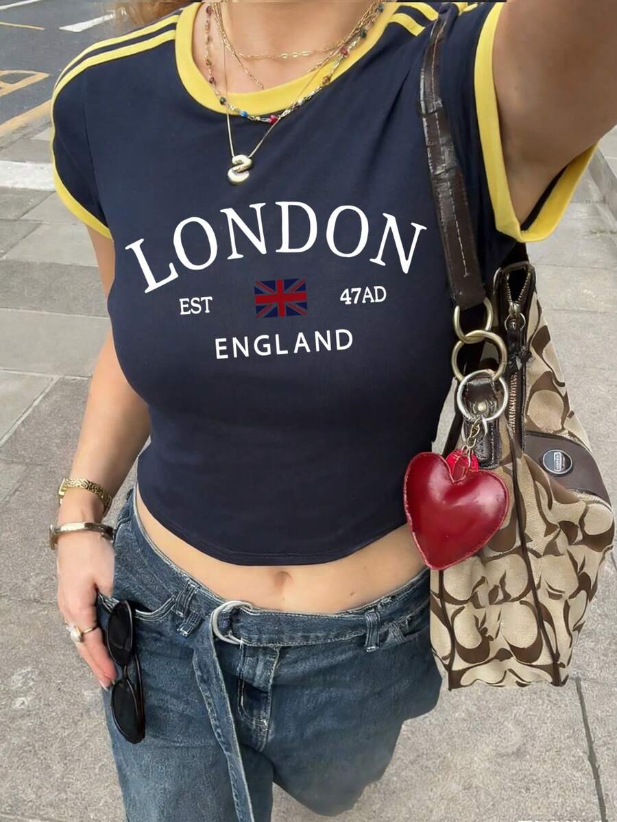 女士夏季新款简约靛蓝撞色黄边伦敦印花休闲圆领短袖T恤，时尚百搭上衣 - 藍色 - 查看 1