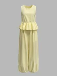 女士无袖泡泡袖上衣和灯笼裤两件套，时尚宽松版型，适合日常休闲和度假穿着，春夏款 - 淡黃色 - 查看 2