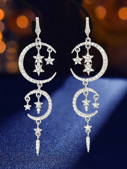 1 par de pendientes de araña con decoración de strass con forma de estrella y luna plateada, joyas formales para fiesta y baile