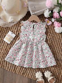 Adorable Little Girls Summer Beautiful Dress, Sleeveless Round Neck Floral Print Dress With Bow Tie Sash And Ruffle Hem (Dress With Button Back Closure) - Multicolor - View 3