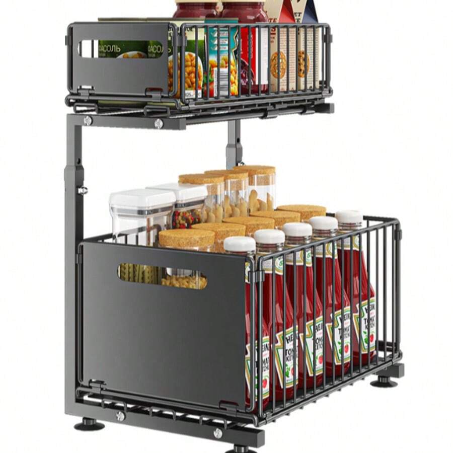 2-Tier Pull Out Under Sink Organizer: Height-Adjustable Cabinet Storage Rack - Black - View 1