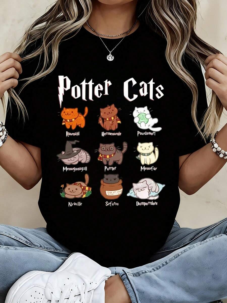 Warner Bros Potter Cats Harry Potter Inspired Cat Characters T Shirt Cute Wizard Themed Graphic Tee For Women And Girls Unisex Casual Wear - 黑色 - 查看 1