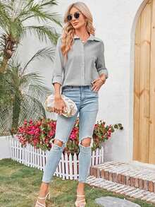 Womens Long Sleeve Button Down Cotton Linen Shirt Blouse Loose Fit Casual V-Neck Tops - 灰色 - 查看 3