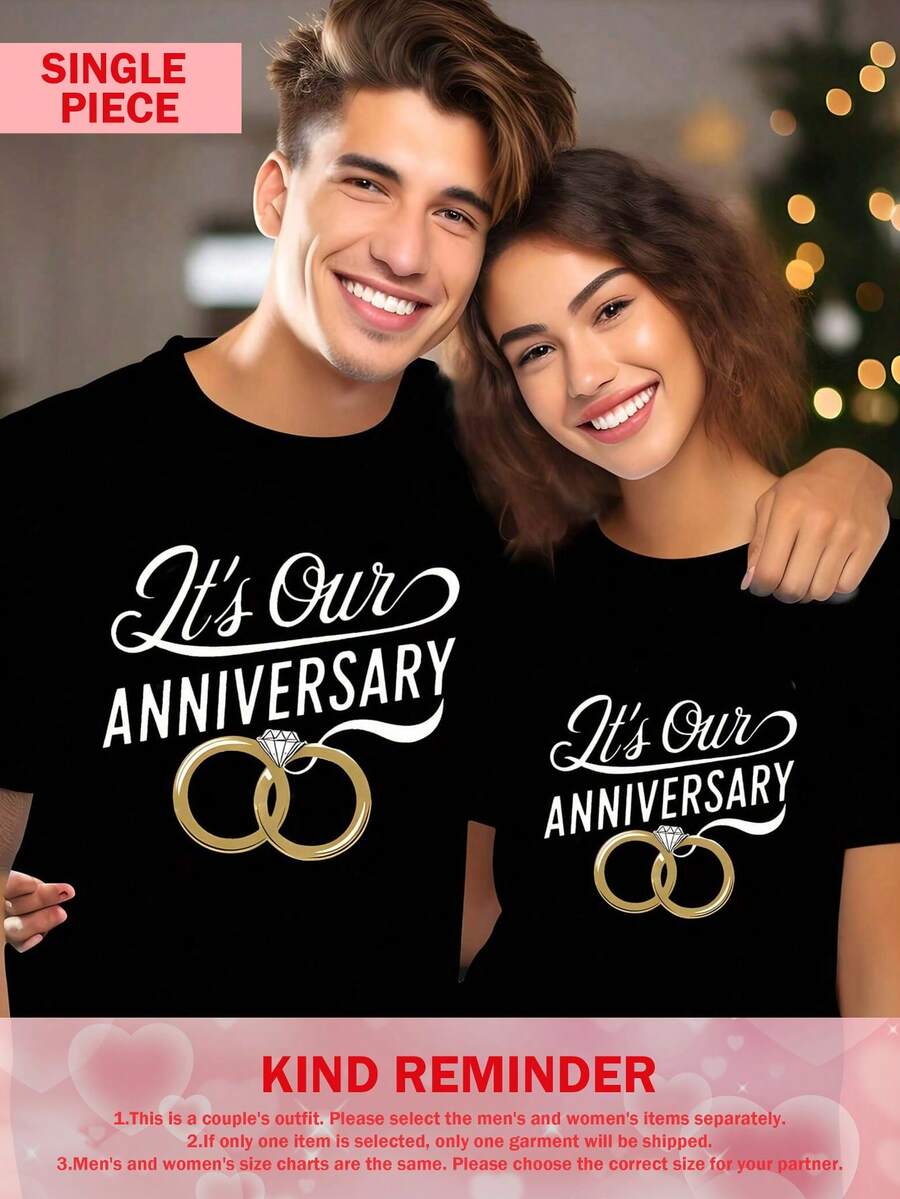 [Camisetas conmemorativas a juego] Camisetas conmemorativas a juego para parejas - Impresión "Es nuestro aniversario" con diseño de anillos entrelazados, patrón geométrico blanco y dorado, camisetas casuales de cuello redondo lavables a máquina para él y ella, regalo perfecto para celebraciones de bodas, citas y uso diario, ropa romántica, camiseta de ajuste relajado, tela de fácil cuidado, tela cómoda - Mujer 1 pieza - Ver 1