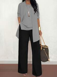 三件套加大码女式休闲纯色套装：外套/开衫 + 圆领无袖上衣 + 松紧腰直筒裤，柔软弹力面料，宽松版型，舒适通勤，适合春/秋/冬季穿着。 - 灰色+黑色 - 查看 1
