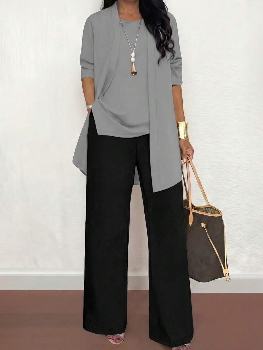 三件套加大码女式休闲纯色套装：外套/开衫 + 圆领无袖上衣 + 松紧腰直筒裤，柔软弹力面料，宽松版型，舒适通勤，适合春/秋/冬季穿着。 - 灰色+黑色 - 查看 1
