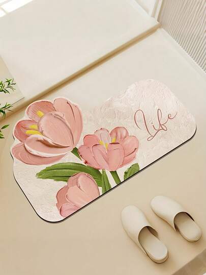 1pc Multi-Purpose Absorbent Mat, Pink Tulip Pattern Water Absorbent Bathroom Tub Mat, Kitchen Rug, Bathroom Mat, Bathroom Carpet, Doormat, Small Rug, Carpet, Mat, Home Decor, Area Rug, Outdoor Mat, Home Decor, Area Carpet, Bedroom Carpet, Washable Rug
