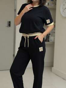 2pcs Women's Summer Set: Round Neck Short Sleeve T-Shirt And Drawstring Waist Straight Leg Pants - Black - View 3