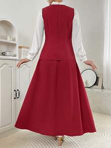 Women's 2pcs Women's Arabic Style Outfit(Long Sleeve Waist Blouse And Skirt Set) - Red Violet - View 6