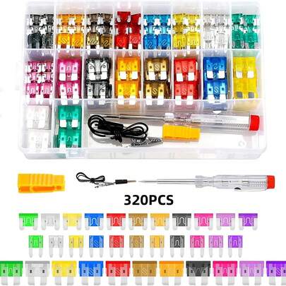Kit 320 peças de fusíveis automotivos com , incluindo extrator e testador de fusíveis, fusíveis padrão, mini e ultrafinos (2A 3A 5A 7,5A 10A 15A 20A 25A 30A 35A 40A), peças de reposição automotivas (320 peças).
