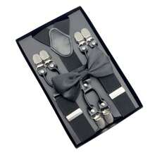 成人男士四夹亚麻圆点弹力可调节3.5厘米四夹吊带，Y型背带套装，带蝴蝶结，可调节弹力裆带 - 彩色 - 查看 3