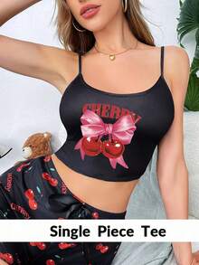 Women's Comfortable Cherry Print Sleepwear Top - Black - View 1