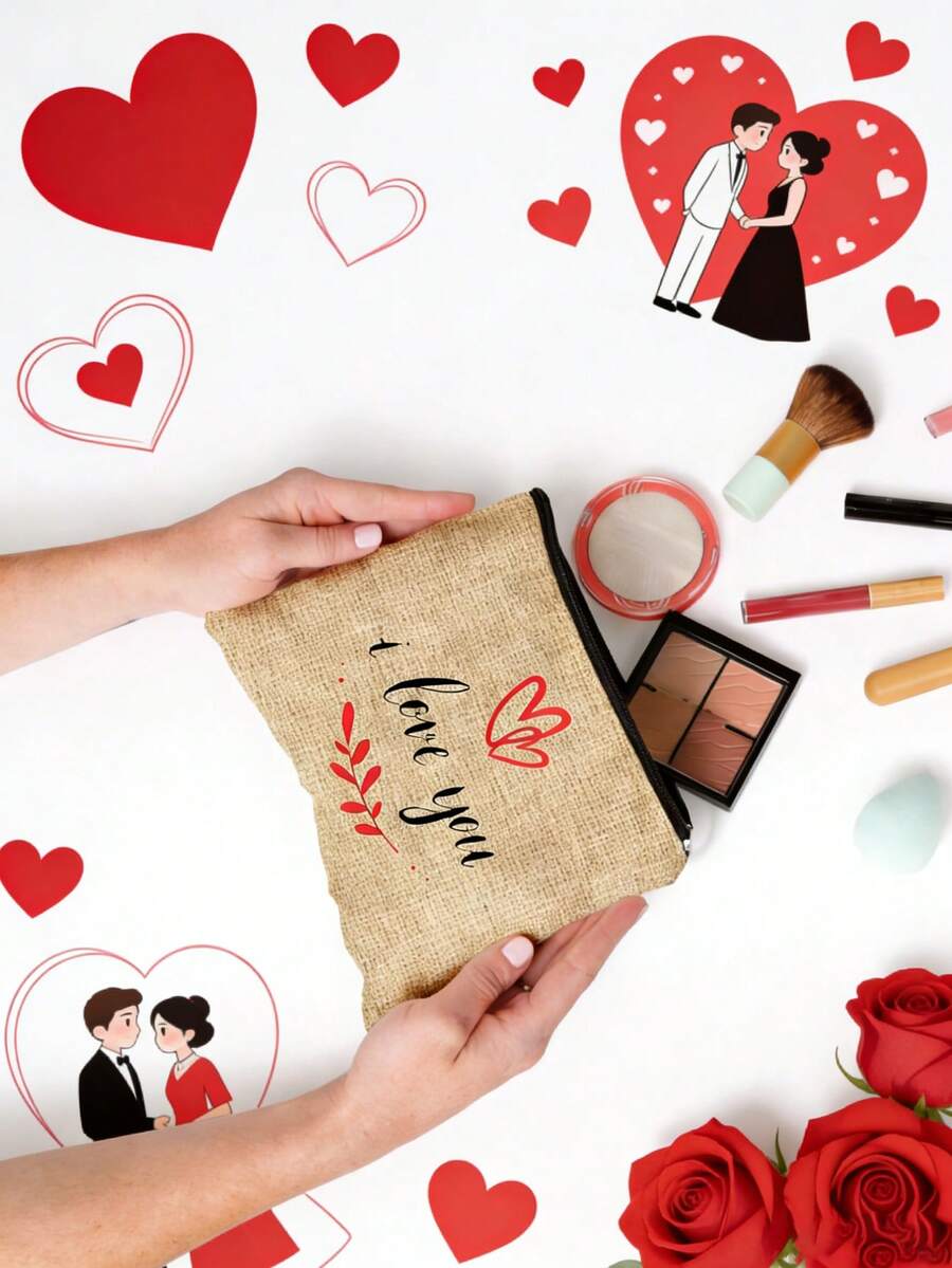 Love And Leaf Print Cosmetic Bag, Reusable Leaf Pattern Cosmetic Bag, Lightweight, Cosmetic And Toiletries Organizer, Zippered Cosmetic Bag, Lightweight Coin Purse, Toiletry Bag, Storage Bag, Travel Accessory, Shopping Gift, Valentine'S Day Gift, Versatile, Can Be Used To Store Cosmetics, Makeup Brushes, Accessories, New Year'S, Valentine'S Day, Ramadan Gift. - Multicolor - View 1