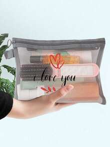 Love And Leaf Print Mesh Cosmetic Bag, Reusable Large-Capacity Leaf Pattern Cosmetic Bag, Lightweight, Cosmetic And Toiletries Organizer, Zippered Cosmetic Bag, Lightweight Coin Purse, Toiletry Bag, Storage Bag, Travel Accessory, Shopping Gift, Valentine'S Day Gift, Versatile, Can Be Used To Store Cosmetics, Makeup Brushes, Accessories, New Year'S, Valentine'S Day, Ramadan Gift. - Multicolor - View 5