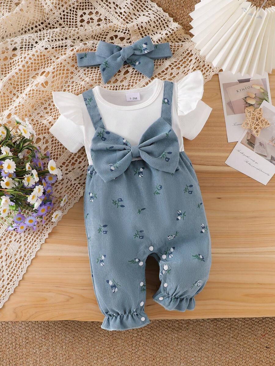Baby Girl Patchwork Contrast Color 2 In 1 Outfit With 3D Bow & Ditsy Floral, Includes Headband - Blue - View 1