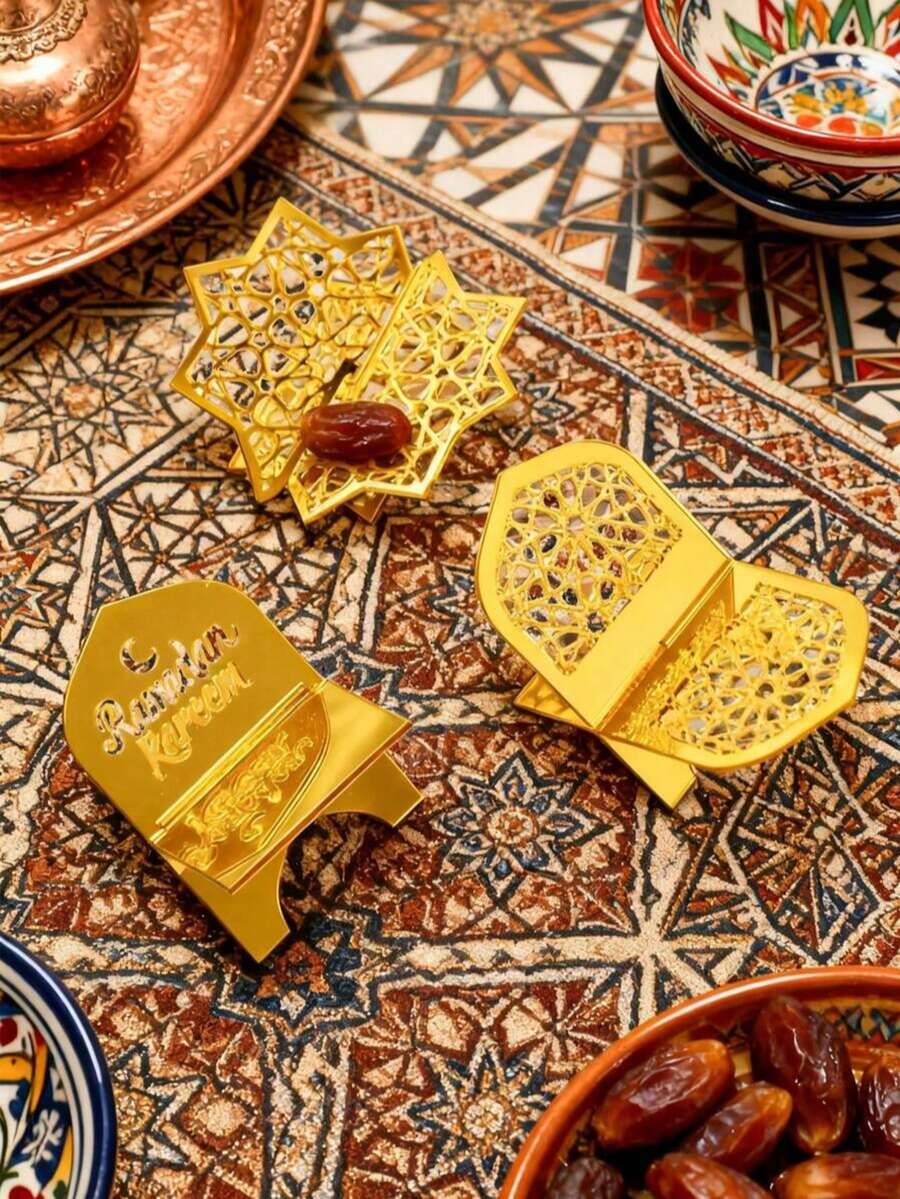 Bộ 4/8 giá trưng bày acrylic, họa tiết hình học nhỏ gọn, bộ trưng bày chà là và kẹo, giá trưng bày mỏng cho chà là, kẹo và trang trí văn phòng theo phong cách Hồi giáo, vật trang trí sáng tạo cho các buổi họp mặt gia đình và bàn ăn, bát đựng kẹo đa chức năng phù hợp cho phòng khách, nhà bếp, bàn ăn và các dịp lễ (không tiếp xúc trực tiếp với thực phẩm) - Vàng - Xem 1