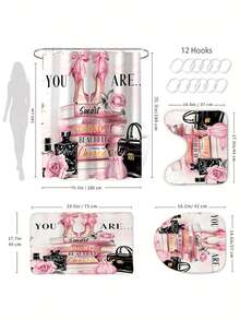 1套/4套防水浴室窗帘套装,含12个挂钩、浴室窗帘、马桶座套、防滑浴室垫、涤纶面料可水洗窗帘及其他浴室配件 - 彩色 - 查看 5