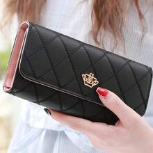 2026 Ny moderiktig lång plånbok för kvinnor, stor kapacitet, tunn läderplånbok med metalliskt kronmönster i rombmönster - Svart - Visa 7