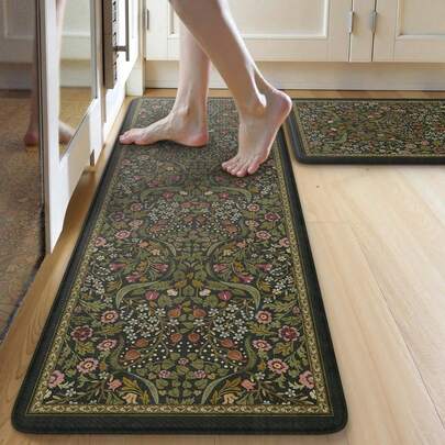 Kitchen Mats For Floor, Cushioned Anti Fatigue Mat Non Slip Waterproof Kitchens Sink Rug, Vintage Spring Floral Rugs Comfort Standing Mat For Laundry, Desk, Bar, Office, Black Kitchen Mat 48x17 Inches Or 28x17 Inches Or Kitchen Mat Set