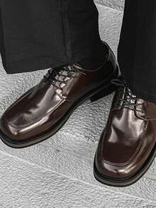男士方头婚礼新郎休闲通勤商务正式德比系带皮鞋 - 棕色 - 查看 9