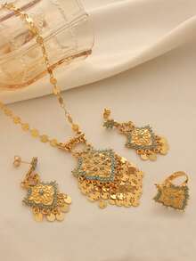 1 Set Boho Style Copper Alloy Gold Plated Small Disc Tassel Turquoise Bead Inlaid Pendant Necklace, Earrings, Ring Jewelry Set, Suitable For Women's Daily Wear And Holiday Gifts - Yellow Gold - View 4