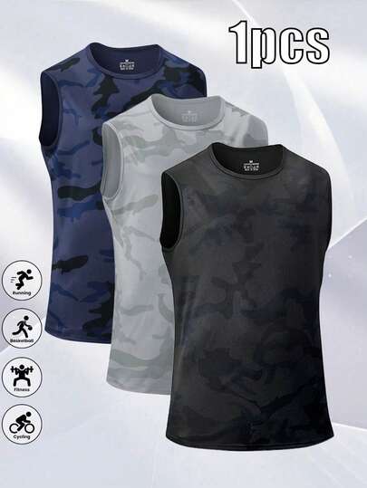 Men's Casual Camouflage Sports Tank Top, Outdoor Hiking Fitness Running Workout Elastic Vest