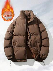 Men's Padded Jacket, Solid Color Casual Thick Warm Outerwear For Winter - Coffee Brown - View 1