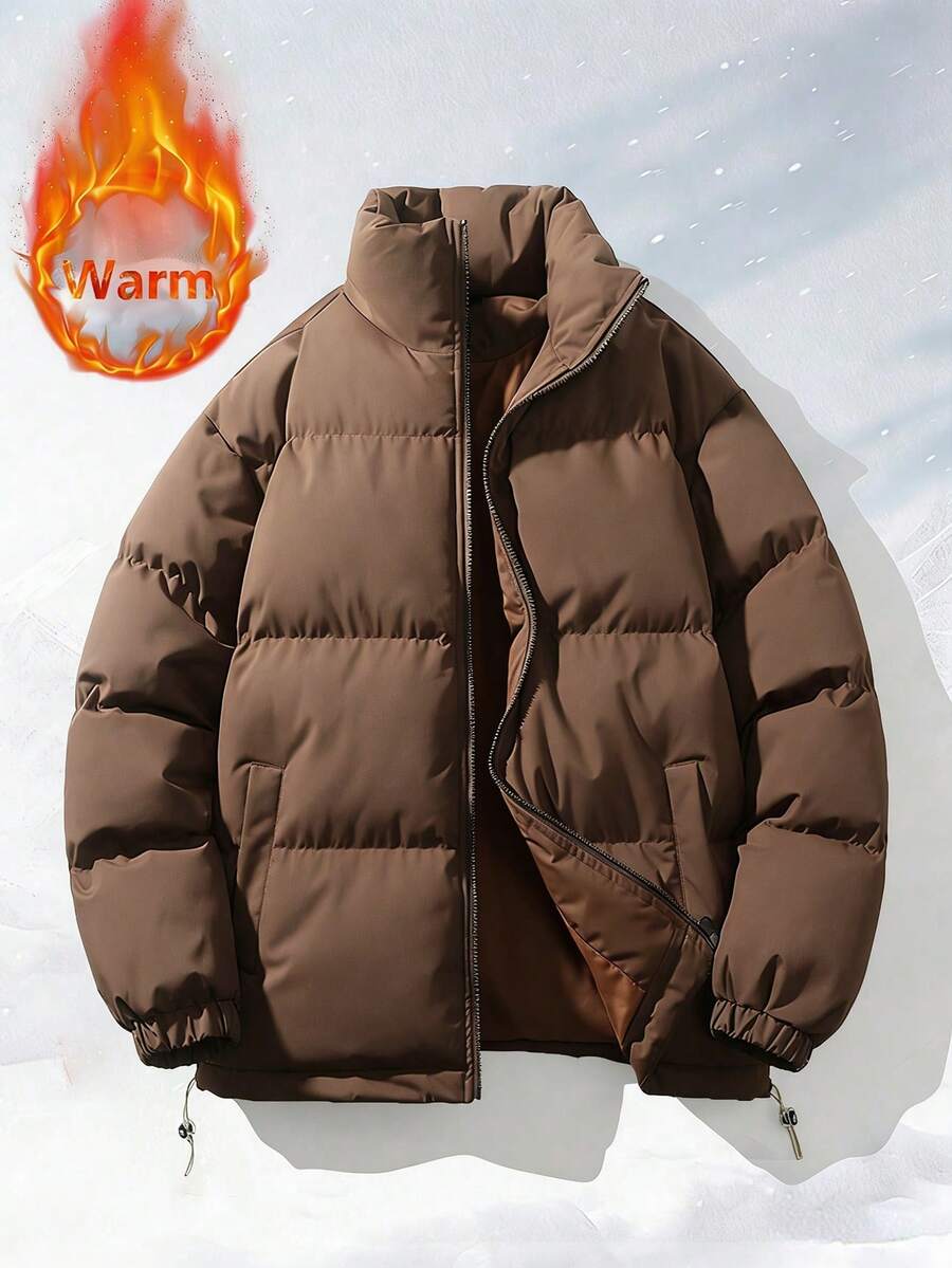 Men's Padded Jacket, Solid Color Casual Thick Warm Outerwear For Winter - Coffee Brown - View 1