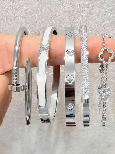 Juego de pulseras de mujer de acero inoxidable con flor de cuatro hojas brillante y cristales, moda duradera, resistente al agua y a la decoloración, regalo de Navidad y Día de San Valentín para madre e hija 2026