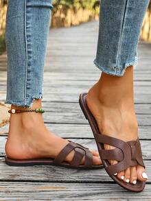 Dép lê nữ đế bằng hở mũi với họa tiết sọc đan phối hợp và thiết kế khoét rỗng, thời trang và đa năng, kiểu dáng tối giản màu nâu cà phê với họa tiết vải thiều, dép da PU cho mùa xuân và mùa hè, món đồ không thể thiếu cho ngày Valentine. - Cà phê nâu - Xem 6