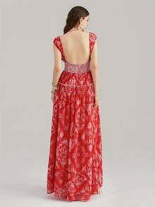 Women's Long Dress Vintage Fashion Print Sweetheart Neck Cap Sleeve Smocked Waist A-Line Layered Dress For Party Club - Red - View 2