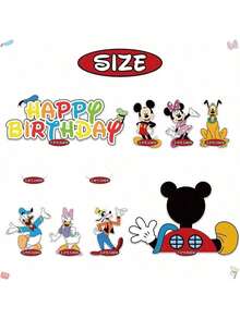 10件套朋友主题纸质蛋糕装饰插牌，风格欢快活泼，印有米奇、米妮等经典卡通人物，色彩鲜艳明亮，包含字母、卡通人物等造型。适用于生日及其他节日，可用于装饰生日蛋糕。 - 彩色 - 查看 8