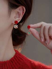 2入組舞獅&財富設計復古紅色耳環,適用於生肖本命年 - 紅色 - 查看 15