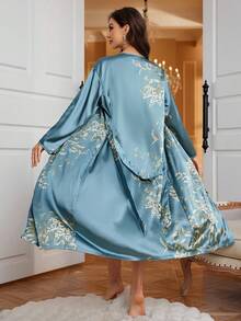 Elegant Sakura Floral Print Women's Pajama Set - Vintage Style Long Sleeve Robe With Belt & Dress, Machine Washable, Suitable For Valentine's Day - Multicolor - View 9